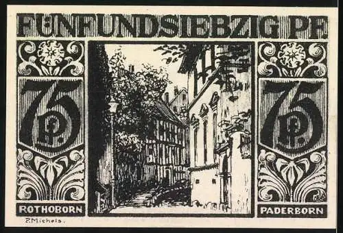 Notgeld Paderborn 1921, 75 Pfennig, Stadtansicht und Arbeitsszene