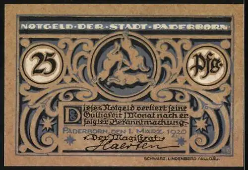 Notgeld Paderborn 1920, 25 Pfennig, Vorderseite mit Bischofsporträt, Rückseite mit Springpferd und Text