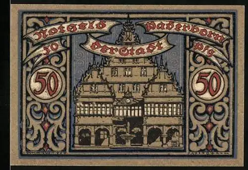 Notgeld Paderborn 1920, 50 Pfennig, Rathaus und Stadtwappen, kunstvoll verziert