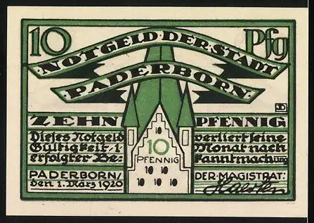 Notgeld Paderborn, 1920, 10 Pfennig, Kaiser Karl der Grosse und Stadtansicht, grün-weiss