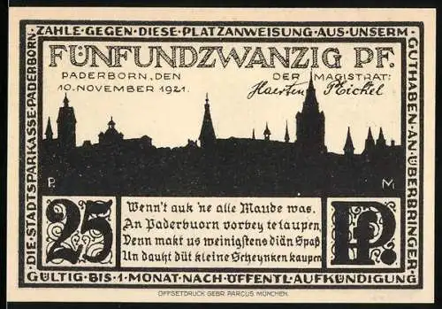 Notgeld Paderborn, 1921, 25 Pfennig, mit Stadtansicht und historischem Gebäude