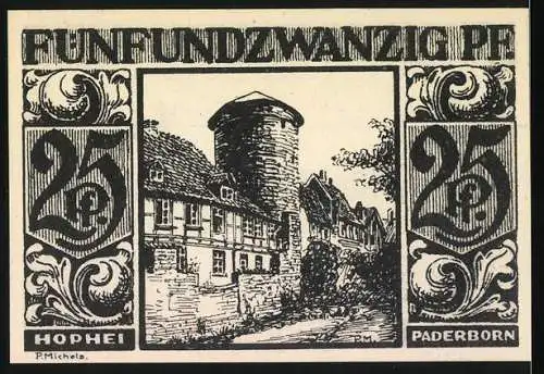 Notgeld Paderborn, 1921, 25 Pfennig, mit Stadtansicht und historischem Gebäude