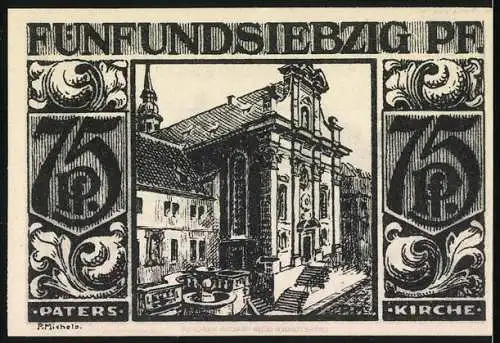 Notgeld Paderborn, 1921, 75 Pfennig, Silhouettenarbeit und Paderborner Kirche