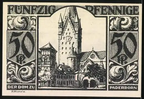 Notgeld Paderborn, 1921, 50 Pfennig, Silhouetten und Dom zu Paderborn, Stadtsparkasse Paderborn