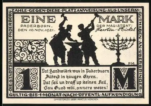 Notgeld Paderborn 1921, 1 Mark, Handwerker und Busdorfkirche