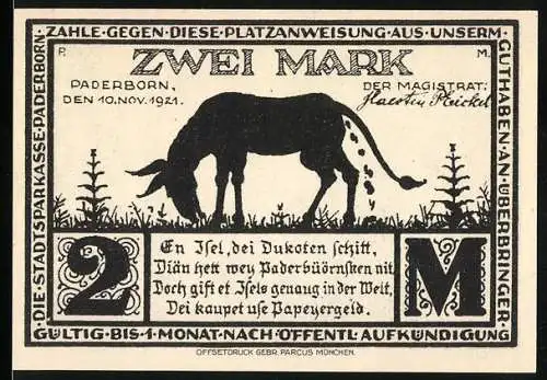 Notgeld Paderborn 1921, Zwei Mark, Esel und Eselgasse, Vorder- und Rückseite