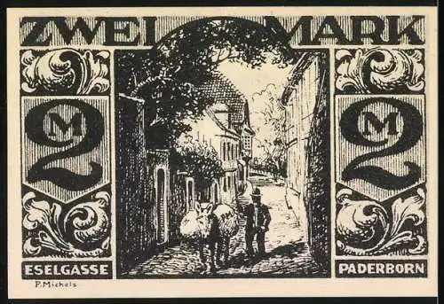 Notgeld Paderborn 1921, Zwei Mark, Esel und Eselgasse, Vorder- und Rückseite