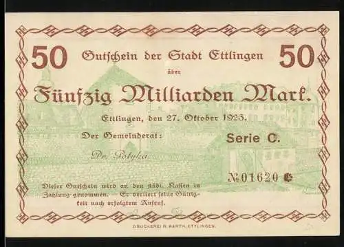 Notgeld Ettlingen 1923, 50 Milliarden Mark, Gutschein der Stadt Ettlingen, Serie C, Nr. 01620, 27. Oktober 1923