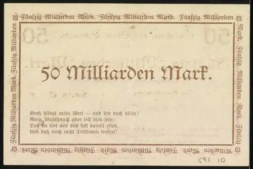 Notgeld Ettlingen 1923, 50 Milliarden Mark, Gutschein der Stadt Ettlingen, Serie C, Nr. 01620, 27. Oktober 1923