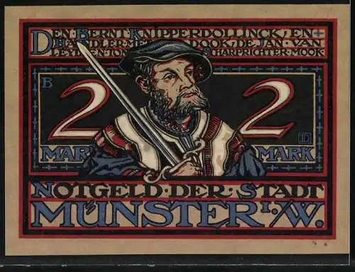 Notgeld Münster, 1921, 2 Mark, Illustration von Kämpfenden und Porträt eines Mannes mit Schwert