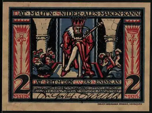 Notgeld Münster, 1921, 2 Mark, König mit Krone und Zepter auf Thron, Kugel mit Krone und Schwertern
