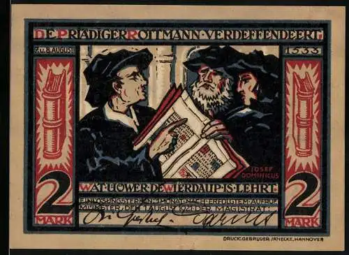 Notgeld Münster, 2 Mark, Darstellung von drei Gelehrten und Jan Bockelson auf der Rückseite