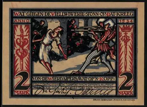 Notgeld Münster, 2 Mark, Darstellung von Kämpfern und einem Mann mit Buch