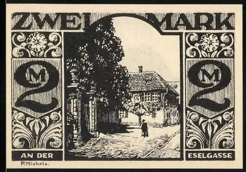 Notgeld Paderborn 1921, 2 Mark, An der Eselgasse mit Esel und humorvollem Spruch