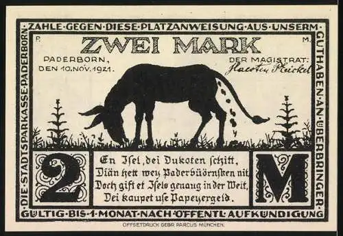 Notgeld Paderborn 1921, 2 Mark, An der Eselgasse mit Esel und humorvollem Spruch