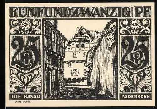 Notgeld Paderborn 1921, 25 Pf, Die Kisau und Stadtsilhouette, gültig bis 4 Monate nach Öffnung