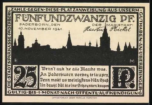 Notgeld Paderborn 1921, 25 Pf, Die Kisau und Stadtsilhouette, gültig bis 4 Monate nach Öffnung