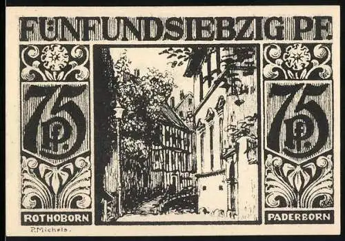 Notgeld Paderborn 1921, 75 Pf, historische Stadtansicht und Figuren am Brunnen