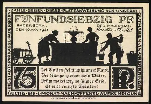 Notgeld Paderborn 1921, 75 Pf, historische Stadtansicht und Figuren am Brunnen