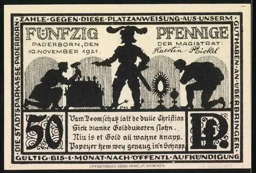 Notgeld Paderborn, 1921, 50 Pfennig, Friedhof des Domes und Silhouetten der Bürger