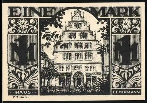 Notgeld Paderborn, 1921, Eine Mark, Haus Levermann und Handwerksszene