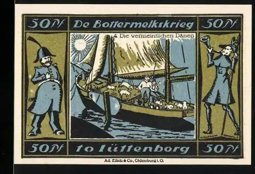 Notgeld Lütjenburg, 1921, 50 Pfennig, De Bottermelkskrieg, vermeinlichen Dänen, Spar- und Leihkasse