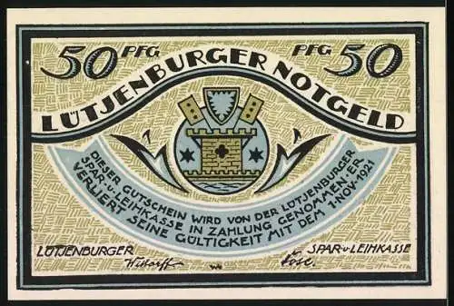 Notgeld Lütjenburg, 1921, 50 Pfennig, De Bottermelkskrieg, vermeinlichen Dänen, Spar- und Leihkasse