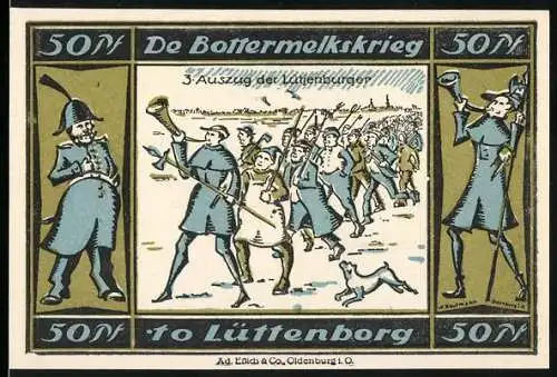 Notgeld Lütjenburg, 1921, 50 Pfennig, Darstellung des Buttermilchkriegs und Stadtwappen