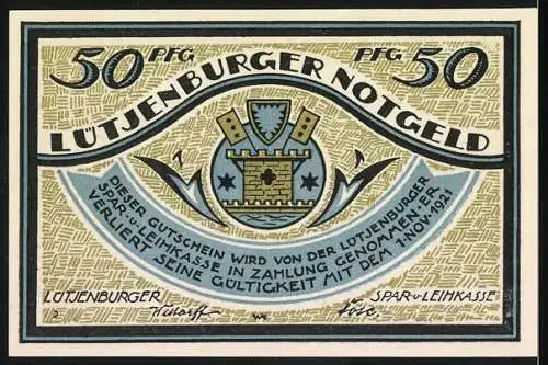 Notgeld Lütjenburg, 1921, 50 Pfennig, Darstellung des Buttermilchkriegs und Stadtwappen