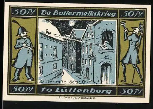 Notgeld Lütjenburg 1921, 50 Pfennig, De Bottermelkskrieg und Stadtwappen