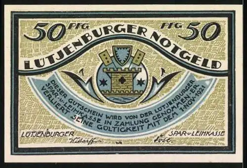 Notgeld Lütjenburg 1921, 50 Pfennig, De Bottermelkskrieg und Stadtwappen