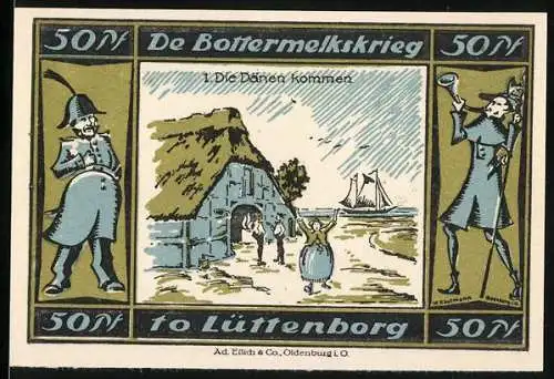 Notgeld Lütjenburg, 1921, 50 Pfennig, De Bottermelkskrieg, Die Dänen Kommen, Spar- und Leihkasse