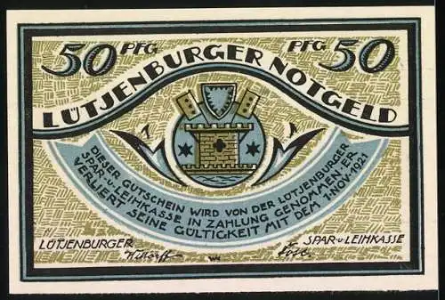 Notgeld Lütjenburg, 1921, 50 Pfennig, De Bottermelkskrieg, Die Dänen Kommen, Spar- und Leihkasse