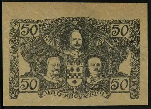 Notgeld Bad Kreuznach 1917, 50 Pfennig, Porträts Kaiser Wilhelm II, General Ludendorff & Hindenburg