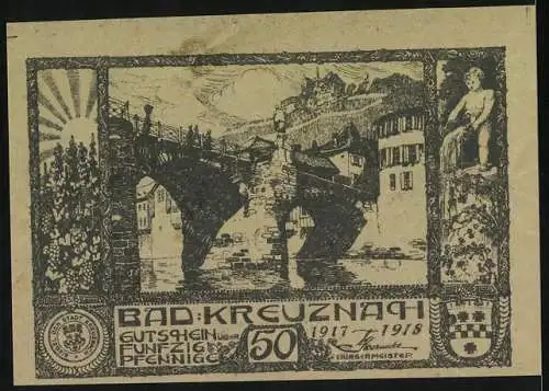 Notgeld Bad Kreuznach 1917, 50 Pfennig, Porträts Kaiser Wilhelm II, General Ludendorff & Hindenburg