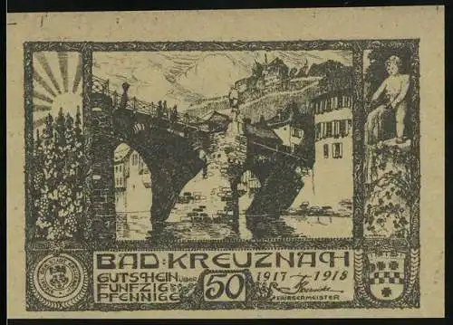 Notgeld Bad Kreuznach, 1917, 50 Pfennig, historische Brücke, Portrait Kaiser Wilhelm II, General Ludendorff & Hindenburg