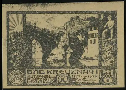 Notgeld Bad Kreuznach 1917, 50 Pfennig, Brücke, Portrait Kaiser Wilhelm II, General Ludendorff & Hindenburg