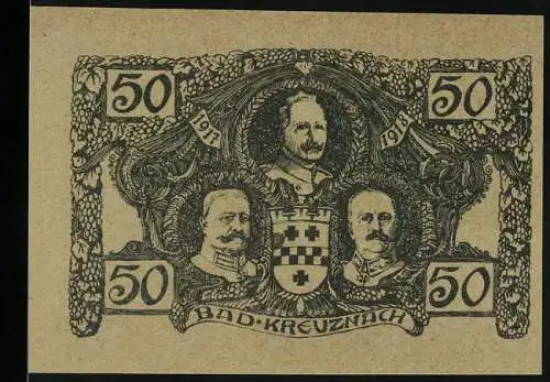 Notgeld Bad Kreuznach 1917, 50 Pfennig, Kaiser Wilhelm II, General Ludendorff & Hindenburg, Stadtansicht