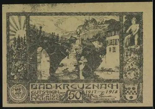 Notgeld Bad Kreuznach 1917, 50 Pfennig, Kaiser Wilhelm II, General Ludendorff & Hindenburg, Stadtansicht