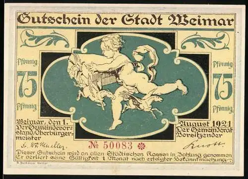 Notgeld Weimar, 1921, 75 Pfennig, Gutschein der Stadt Weimar mit allegorischer Darstellung und Gedicht über Geldwert