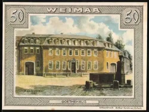 Notgeld Weimar 1921, 50 Pfennig, Goethehaus, Den Verehrern von JLM Athen gewidmet