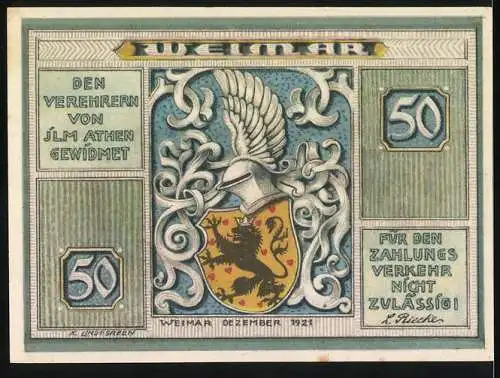 Notgeld Weimar 1921, 50 Pfennig, Goethehaus, Den Verehrern von JLM Athen gewidmet