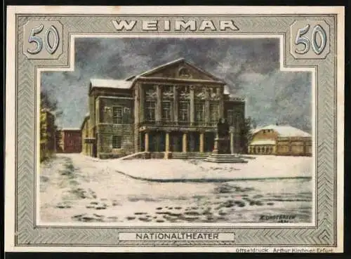 Notgeld Weimar 1921, 50 Pfennig, Nationaltheater und Wappen mit Löwen