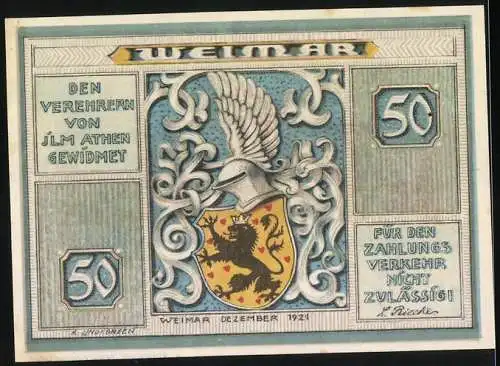 Notgeld Weimar 1921, 50 Pfennig, Nationaltheater und Wappen mit Löwen