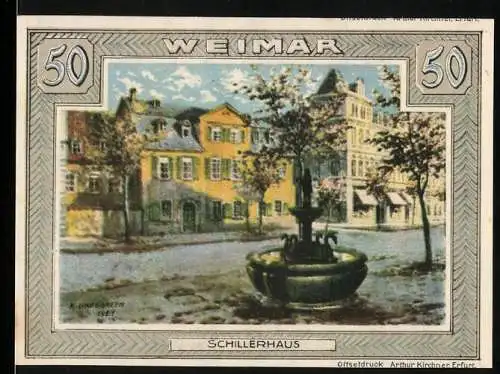 Notgeld Weimar, 1921, 50 Pfennig, Schillerhaus und Wappen mit Helm und Löwe