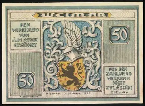 Notgeld Weimar, 1921, 50 Pfennig, Schillerhaus und Wappen mit Helm und Löwe