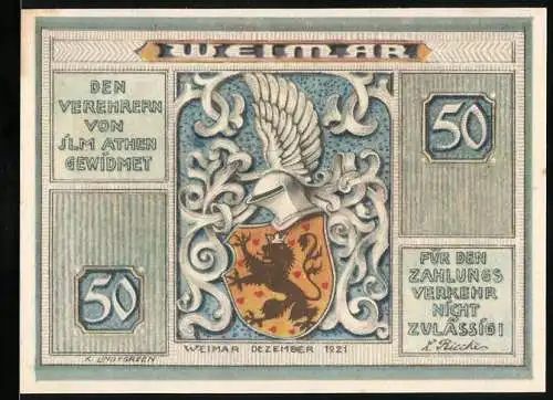 Notgeld Weimar 1921, 50 Pfennig, Den Verehrern von Jlm Athen gewidmet, Goethes Gartenhaus