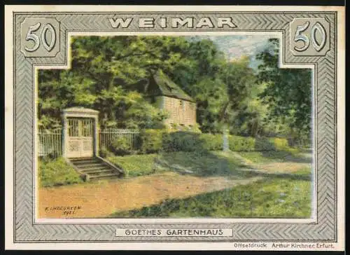 Notgeld Weimar 1921, 50 Pfennig, Den Verehrern von Jlm Athen gewidmet, Goethes Gartenhaus