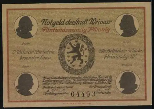 Notgeld Weimar, 1921, 25 Pfennig, Das alte Goethe Theater und Goethe Schiller Denkmal