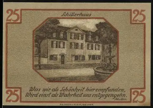 Notgeld Weimar, 1921, 25 Pfennig, Schillerhaus und Stadtwappen mit historischen Persönlichkeiten